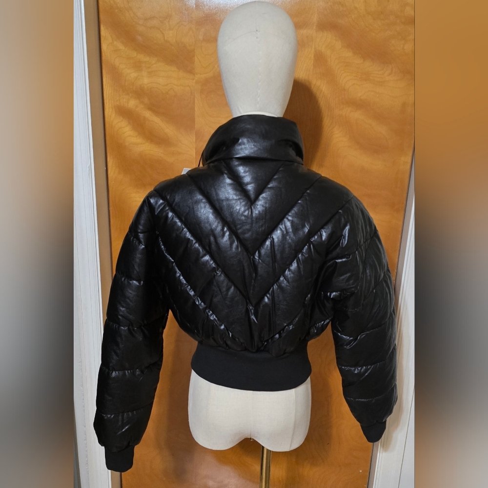 Winter NightS Faux Leather Cropped Black Women's Puffer Jacket Coat Fitted Ski - Picture 4 of 16